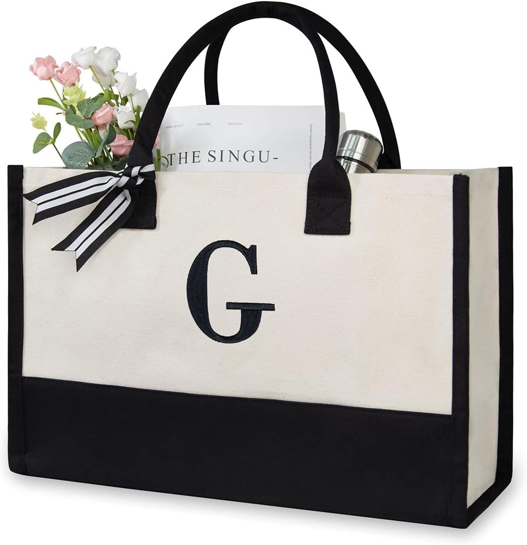 TOPDesign Personalized Initial Canvas Beach Bag, Monogrammed Gift Tote Bag for Women (Black & White)