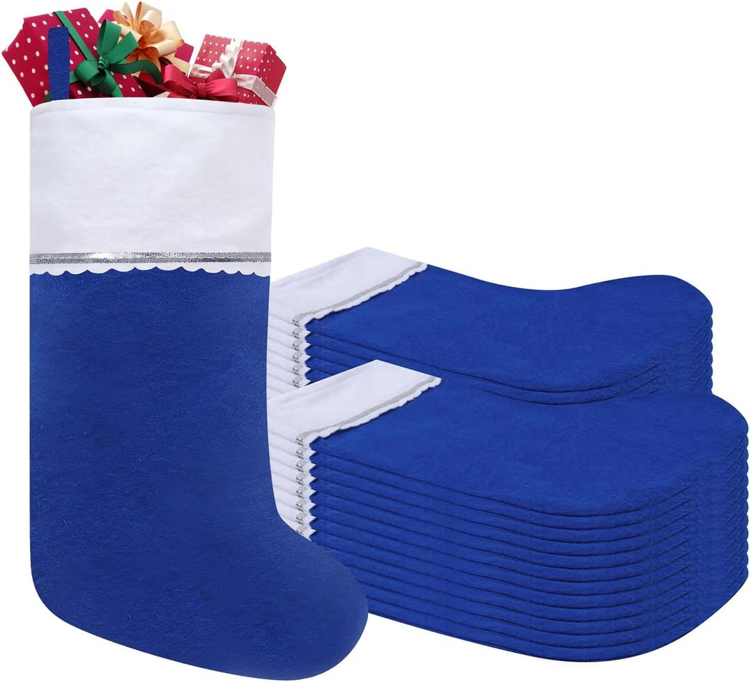 24 Pack Felt Christmas Stockings, 19 Inches Blue and White Christmas Stocking Hanging Ornaments with Silver Trim for Family Christmas Holiday Decorations DIY Craft Large Xmas Stocking