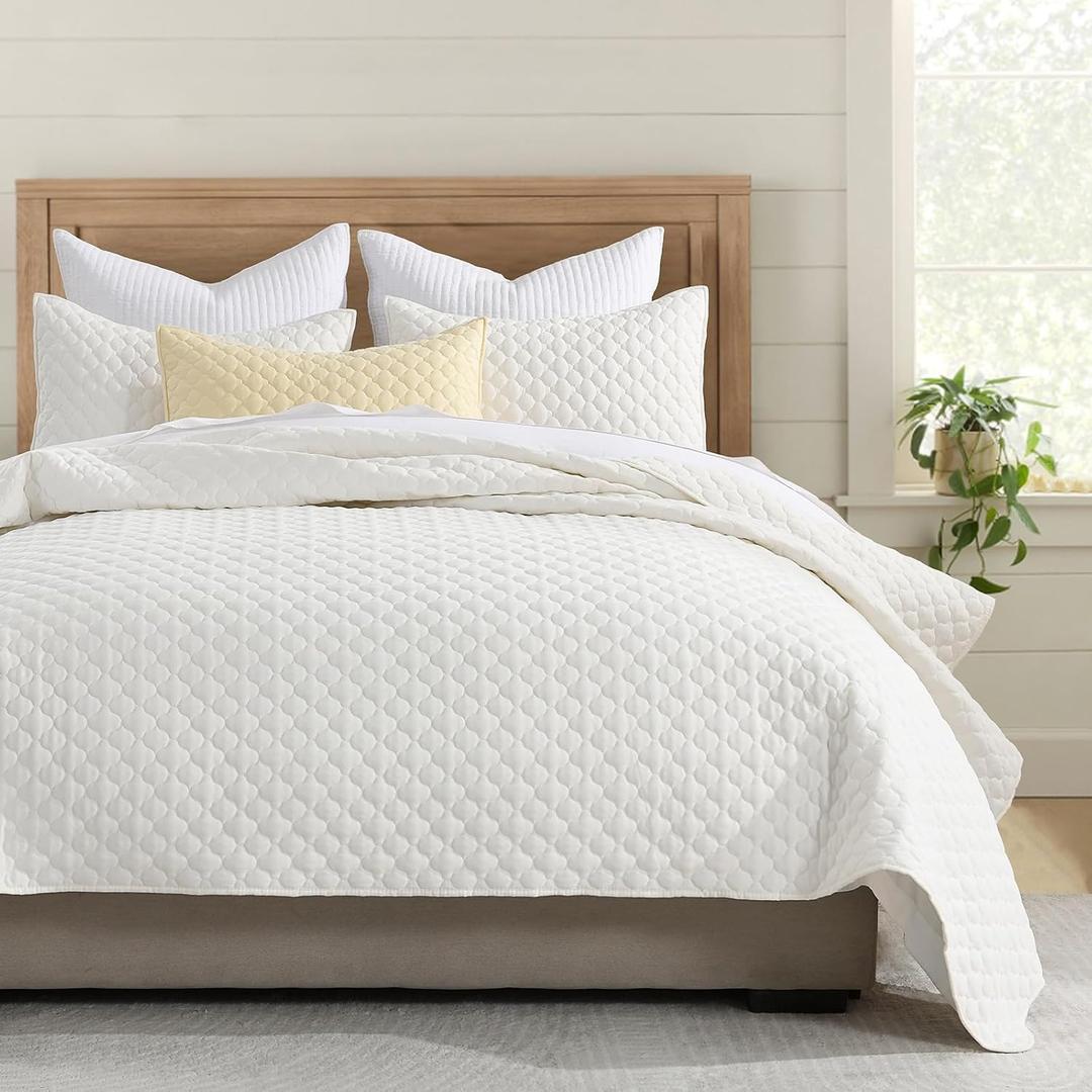 HORIMOTE HOME Cream Quilt Queen Size, Lightweight Quilts for Summer Ultra-Soft Microfiber Modern Style Quilted Clouds Pattern Bedspread Quit Set 3 Pieces(1 Quilt and 2 Pillow Shams) (Full/Queen(90" x 96")