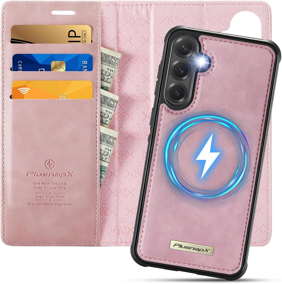 Wallet Case for Samsung Galaxy S25 Plus Compatible with Magsafe, 2-in-1 PU Leather Flip RFID Blocking Card Holder Stand Shockproof Magnetic Detachable Cover for Galaxy S25 Plus Case, Pink