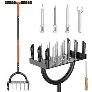 Lawn Aerator, 2-in-1 Manual Aerator Lawn Tool Garden Tool Set Combined with Core Aerator and 12 Spikes, T-Handle Grass Aerator with Cleaning Tool for Yard Lawn Care & Compacted Soil