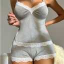 SOLY HUX Women's Lace Pajama Set V Neck Cami Tops and Shorts Sleepwear Loungewear (Gray, S)