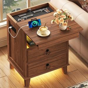 Yusong LED Night Stand with Gun Drawer, Bedside Table with Charging Station, Sofa Couch End Side Table with with 2 Drawers ＆Open Shelf for Bedroom, Brown