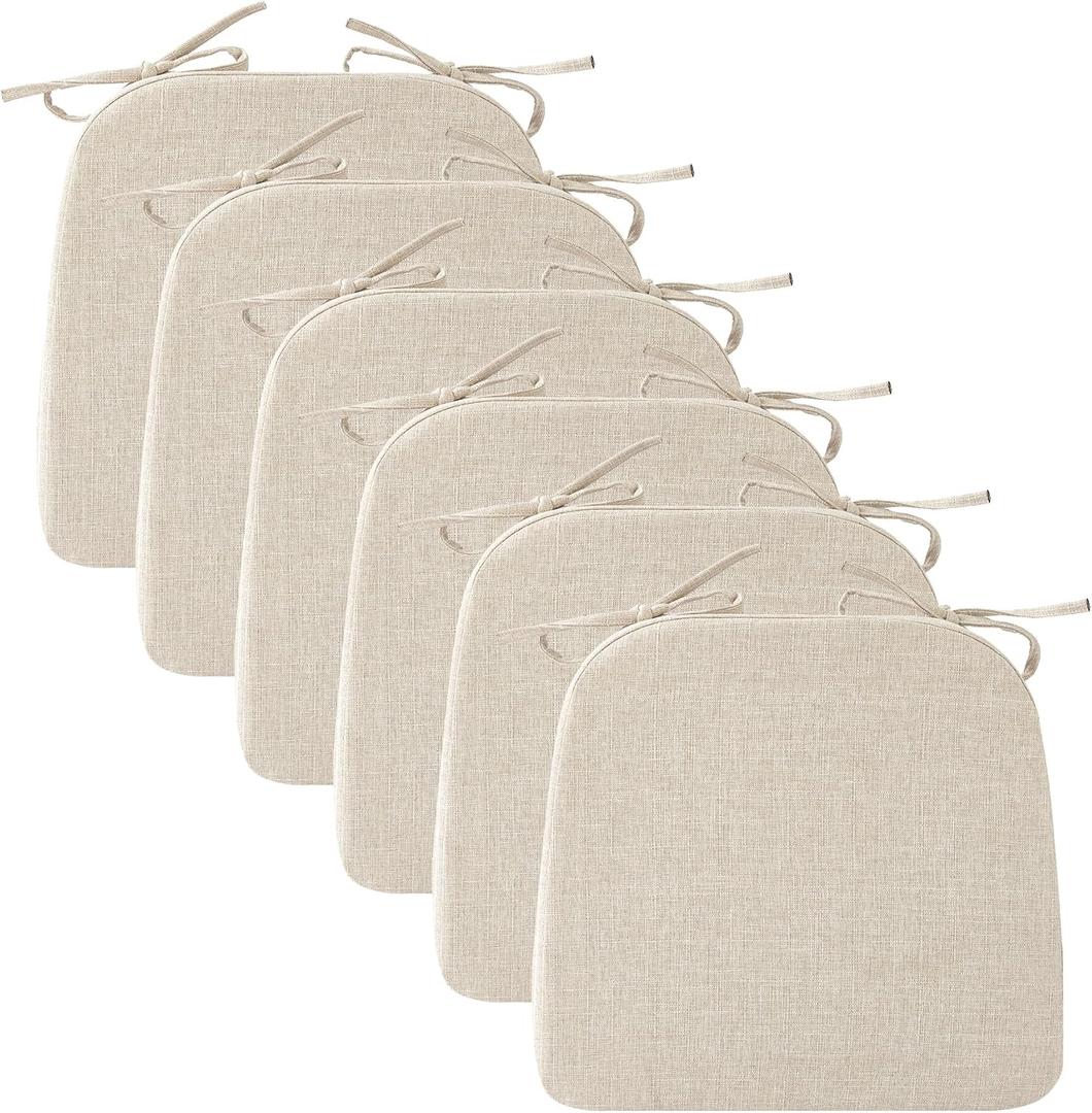 2 x Ruqmuis Chair Cushions for Dining Chairs, 2" Thick Seat Cushions for Kitchen Chairs, D-Shaped Chair Pads with Washable Cover, Ties and Non Slip Backing, 17'' x 16'', Set of 6, Beige