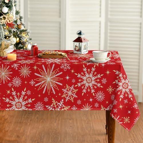Horaldaily Christmas Tablecloth 60×140 Inch Rectangular, Simple Snow Stick Figure Red Washable Table Cover for Party Picnic Dinner Decor