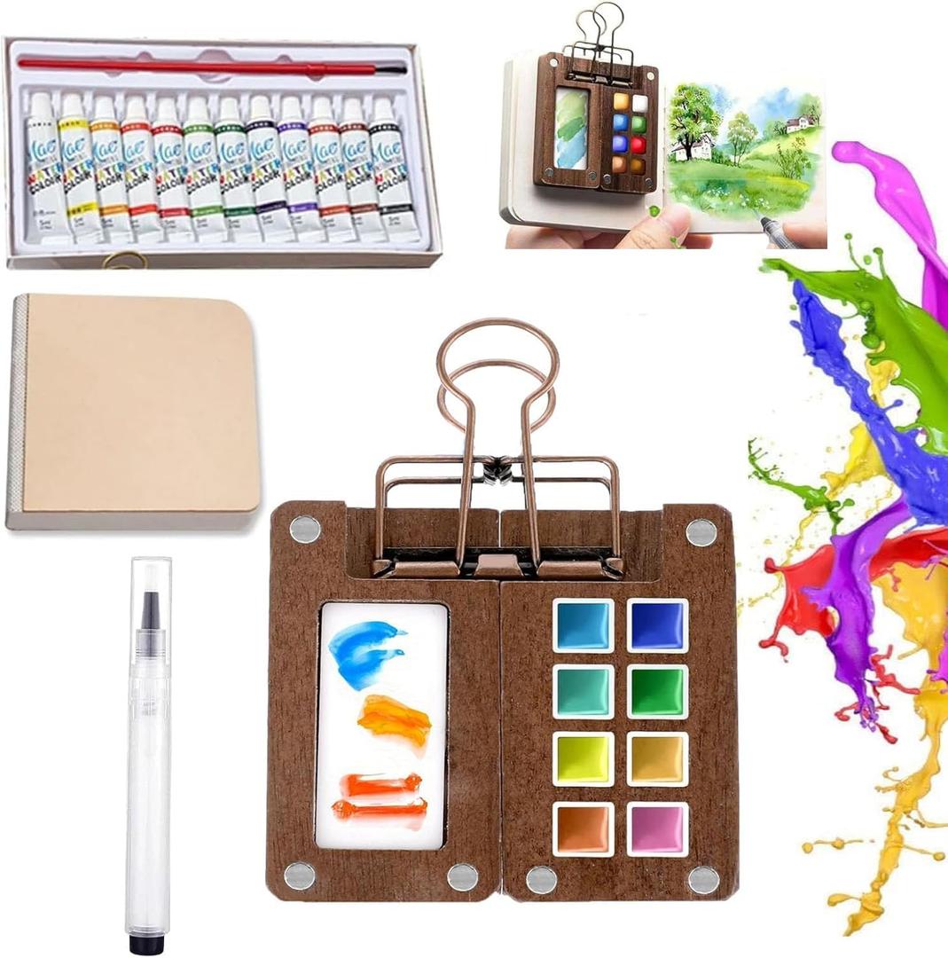 Mini Wooden Watercolor Paint SetMini Portable Watercolor Paint SetTravel Pocket Artist Watercolor nano palette kit,with 12 Color Paints,Wooden Grid Paint Box for Painters Artists Students (Walnut-8 Grids)