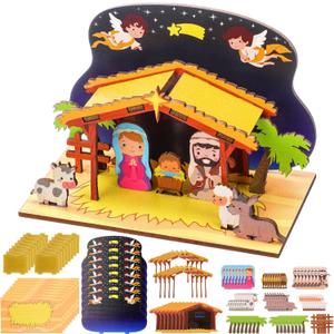 8 Pack Wooden Christmas Nativity Craft for Kids 3D Make Your Own Religious Jesus House DIY Christian Nativity Scene Craft for Classroom Art Activities Sunday School Xmas Party Decoration