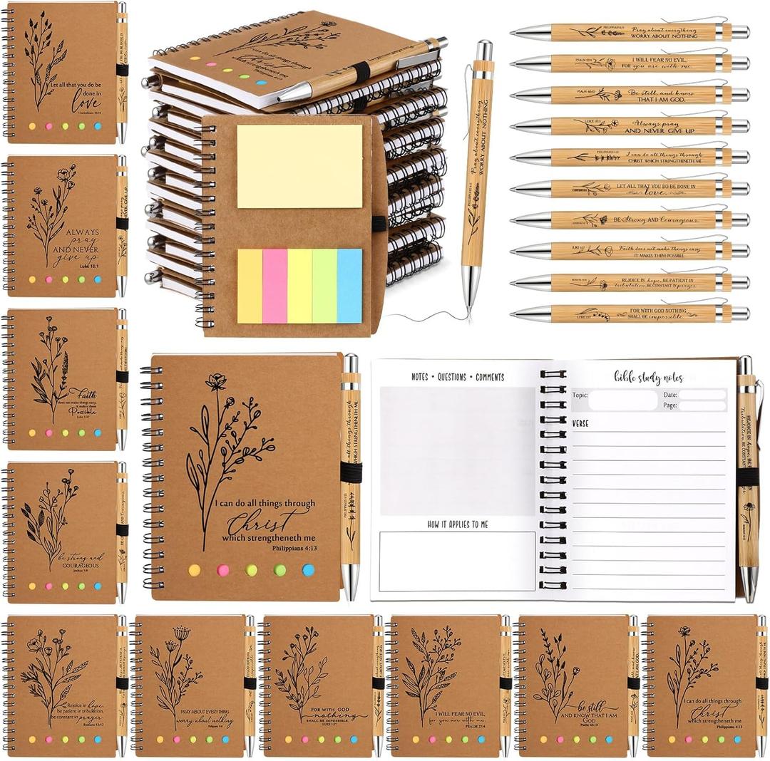 Watersay 40 Pcs Christian Women Gifts Bulk Bible Notebook with Sticky Note Prayer Journal Religious Notepad Pen Fathers Day Church Gift for Women Men Sunday School (Aesthetic Study Page Style)