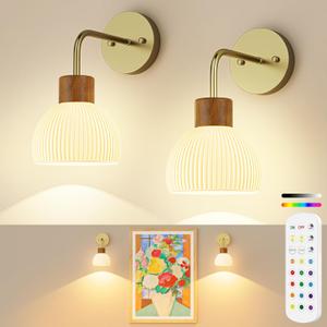 Glass Battery Operated Wall Sconces Set of 2, Rechargeable Wall Lamp with Remote, 12 Colors Dimmable Wireless Sconces Wall Decor Set of 2 with Timer for Bedroom Living Room (Gold, 2 Pack)