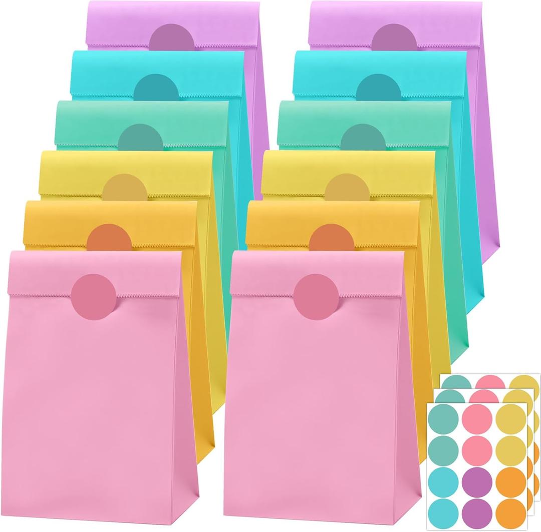 Nezyo 30 Pcs Pastel Paper Gift Bags with Stickers 5.1 x 3.1 x 9.4 Inches Colorful Rainbow Paper Candy Bags for Party Favor Wedding Birthday Candy Snack DIY Goodie Treat (Macaron Color)