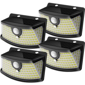 Aootek New Solar Motion Sensor Lights 120 LEDs with Lights Reflector,270 Wide Angle, IP65 Waterproof, Step Lights for Front Door, Yard, Garage, Deck (Black, Daylight White, 4-Pack)