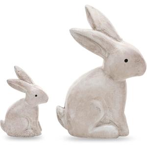DN DECONATION Wooden Antique White 3D Bunny Rabbit Figurines for Spring Easter Decor Gift Set of 2