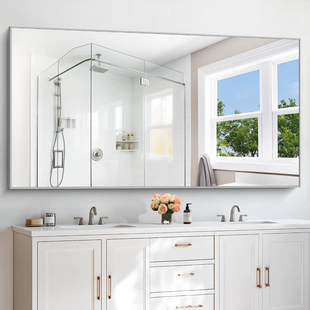 COFENY 30x72inch Bathroom Mirror, Silver Rectangle Mirror with Thin Metal Frame, Large Rectangular Wall Mirror for Bathroom, Living Roomm, Hair Salon, Big Farmehouse Mirrors Hang Horizontal/Vertical