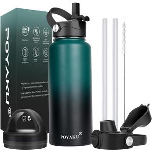 Water Bottle Insulated 32oz Straw Lid Spout Lid & 3 Lids, Leak Proof, Vacuum Insulated, Stainless Steel Water Bottle Wide Mouth for Sports, Gym or Office (Indigo Crush, 32 oz)