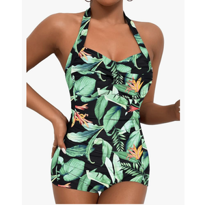 Women's Retro Tummy Control Swimsuits Halter One Piece Slimming Swimwear,Vintage Boyshorts Ruched Push Up Bathing Suit, S
