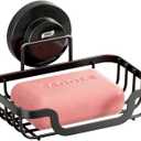 TAILI Soap Holder Dish Suction Cup, Bar Shampoo Rack for Shower Wall, Draining Soap Saver Tray for Bathroom, Rustproof Stainless Steel Sponge Holder for Tub, Kitchen, Drill-Free, Black (1 Tier)