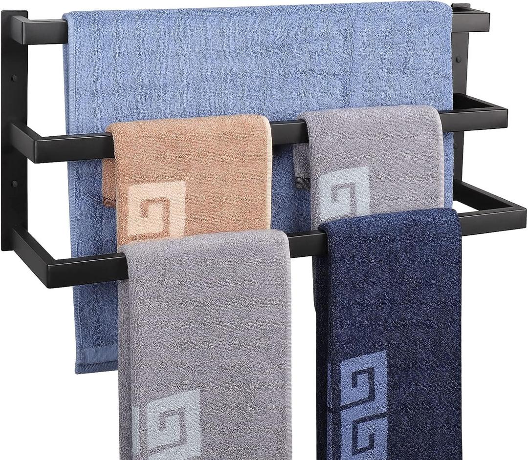 NearMoon Bathroom Towel Bar, Towel Rod Holder, Square Shelf Rack Hanging Towel for Bath, Thicken SUS304 Stainless Steel Towel Rack Wall Mounted-3-Tier Bath Accessories (24 Inch, Matte Black)