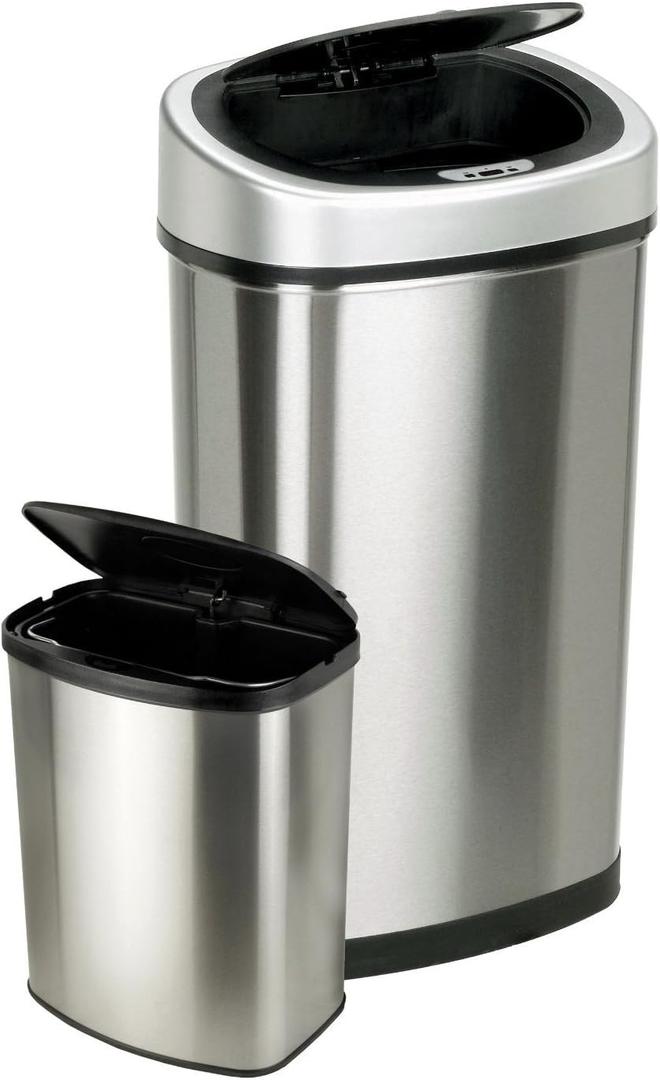NINESTARS CB-DZT-50-9/8-1 Automatic Touchless Infrared Motion Sensor Trash Can Combo Set, 13 Gal 50L & 2 Gal 8L, Stainless Steel Base (Oval & Rectangular, Silver/Black Lid) (13 Gal & 2 Gal SS)