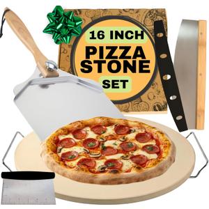 Round Pizza Stone for Oven 16 inch - Large Pizza Stone with Handles, Metal Pizza Peel, Pizza Cutter and Dough Tool - Baking Stone for Oven Bread - Thick Durable Cordierite Baking Stones