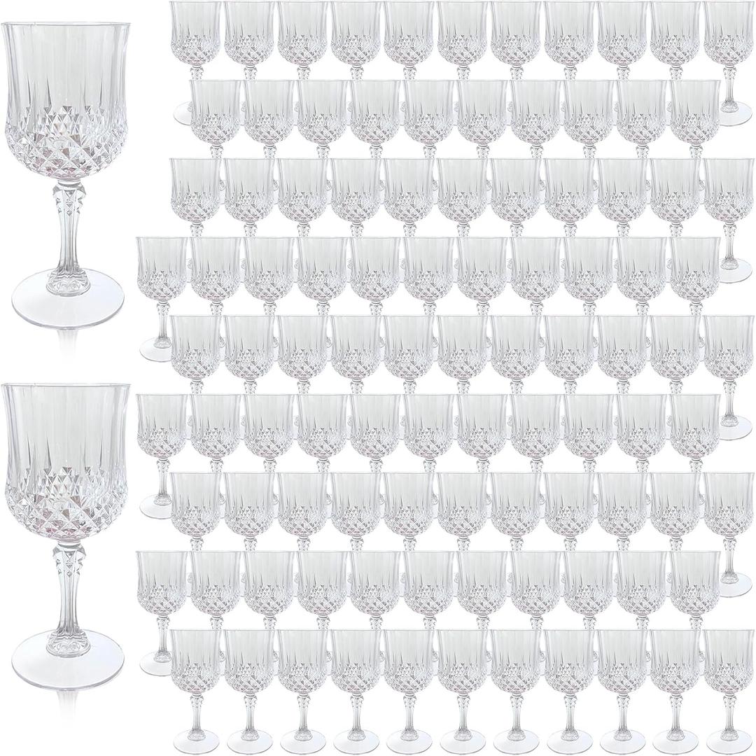 Plastic Wine Glasses, Plastic Goblets Vintage Style Cordial Unbreakable Drinking Glasses, Reusable Drinkware for Wedding Reception, Grand Event Party Supplies (100, Transparent)