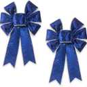 Threetols 2pcs Christmas Wreath Bows, Vintage Blue Velvet Bows for Wreath Xmas Decor Bows for Front Door, Navy Glitter Tree Bows for Winter Xmas Party Home Indoor Outdoor Decor