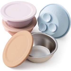 Moonkie Baby Bowls with Suction, Stainless Steel & Silicone Toddler Bowls with Lids, Seamless One-Piece Design Silicone Bowls for Babies 4 Months+, 13oz, BPA-Free, Lead-Free, Dishwasher Safe, 4 Pack