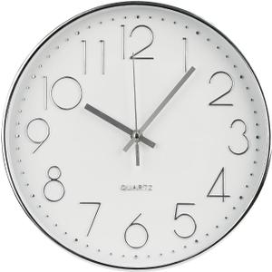 Wall Clock 12 Inch Non-Ticking Silent Modern Simple Style Round Decor Clock Silver Stereoscopic Dial Quartz Wall Clocks for Home/Office/School/Living Room/Bedroom/Kitchen
