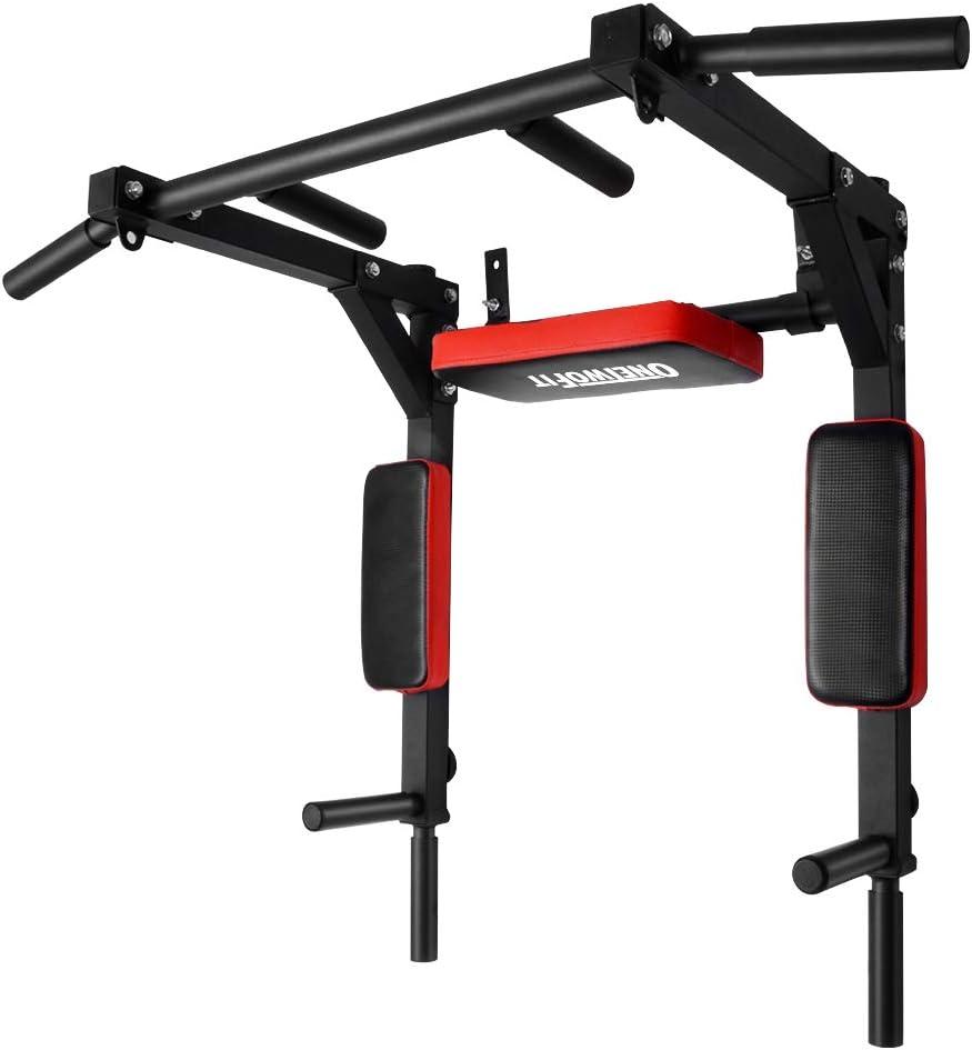 OneTwoFit Multifunctional Wall Mounted Pull Up Bar Chin Up bar Dip Station for Indoor Home Gym Workout, Power Tower Set Training Equipment Fitness Dip Stand Supports to 440 Lbs OT126 (Red)