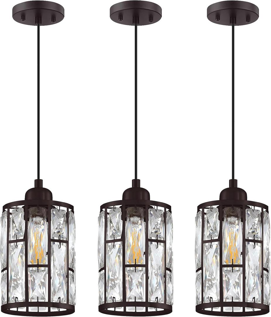 3 Pack 1 Light 5.4" Crystal Shade Hanging Kitchen Island Pendant Light Black Finish,Modern Pendant Fixture with Crystal Metal Shade for Bar,Dining Room,Living Room Over Sink (Oil-Rubbed Bronze)