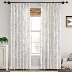 Pinch Pleat Blue Floral Curtains 84 inch Long Memory Trained Linen Curtain Light Filtering Living Room Farmhouse Blue and Cream Flower Pattern Printed Pleated Drapes with Hooks 2 Panels 40W x 84"L
