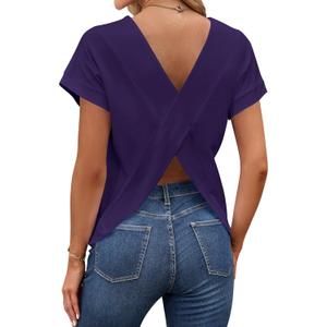 LilyCoco Women's Short Batwing Sleeve Shirt Criss Cross Back Tops Casual Loose Plain Tee Black XXX-Large (Purple, XXXL)