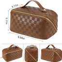 Large Capacity Travel Cosmetic Bag - Portable Makeup Bags for Women Waterproof PU Leather Checkered Makeup Organizer Bag with Dividers and Handle,Toiletry Bag for Cosmetics