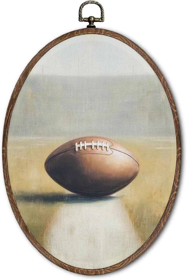 FLAWAFLOMA Vintage Football Oval Wall Art Decor, Sports Nursery Canvas Wall Art Framed, Football Hanging Decorations for Boys Room Bedroom Playroom Sports Room Decor, 8.6x11.4 Inch
