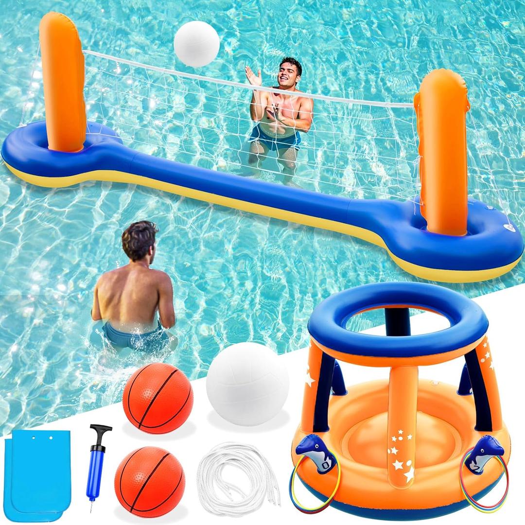 Jasonwell Pool Toys Games Set - 3 in 1 Pool Volleyball Net Basketball Hoop Ring Toss Game Inflatable Floats Water Floating Volleyball Swimming Pools Party Game Accessories Toy Gift Kids Teens Adults (Orange)