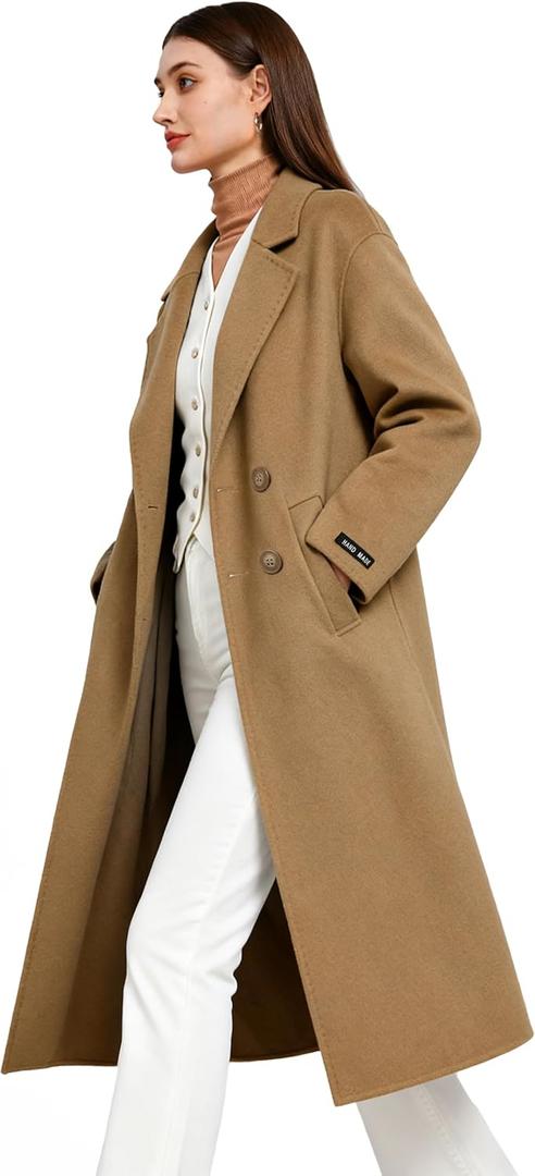2025 Women's Fall Long Wool Pea Coat, Double Sided Blended Classy Breasted Trench Coats Jacket, Spring&Winter Dress Coat Plus Size(US, Alpha, Large, Regular, Regular, Camel)