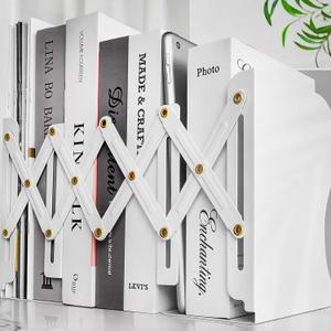 Heavy Duty Book End to Hold Books, Goihgioh Adjustable Bookends Book Organizer for Desk, Decorative Book Holders for Shelves, White Metal Book Ends for Office Home Tabletop (1PCS)