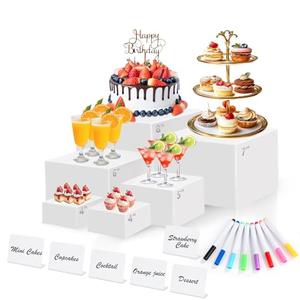 6 Pcs White Acrylic Buffet Risers with Mini Sign and Maker, Food Display Stands for Buffet Table Party Catering Dessert Jewelry Collectibles,Nesting Cube Boxes with Hollow Bottoms (8",7",6",5",4",4")