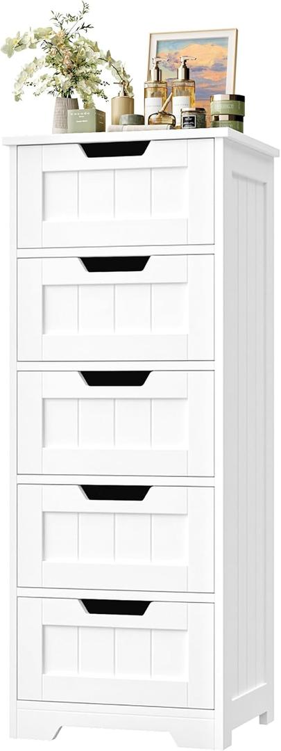 FOTOSOK Bathroom Cabinet, Bathroom Storage Cabinet with 5 Drawers, Wooden Storage Cabinets with Cut-Out Handles, 11.8 x 15.7 x 40.1 Bathrooms Floor Cabinets for Hallway/Living Room, White