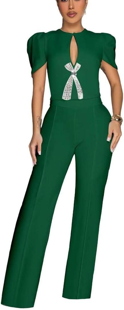 Women's fashionable, sexy, elegant, high waisted, wide leg pants, club business party button jumpsuit (4478/Green) Small