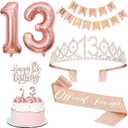 13th Birthday Decorations Set, Including 13th Tiara and Sash, Happy Birthday Banner, Cake Toppers, Number Candles and Balloons Set, Rose Gold