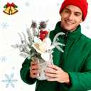 13.8 Christmas Flower Desk Decor Tabletop Small Artificial Potted Christmas Tree-Snowy Poinsettia, Red Berry, Pinecone & Pine Branches Arrangement in Burlap Vase (Cream White Magnolia)