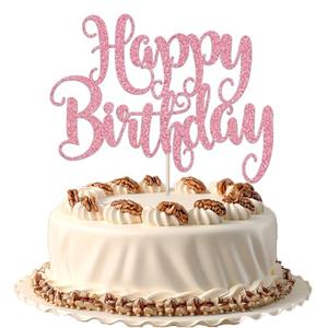 FmiyunEea Happy Birthday Cake Topper- Glitter Happy Birthday Cake Decor, Handmade Anniversary/Birthday Party Supplies (Pink)