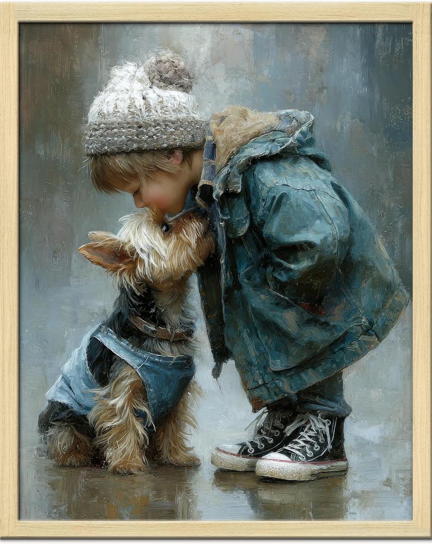 Cute Child Wall Art Prints Handsome Little Boy And Puppy Poster Canvas Art Wall Decor Picture For Bedroom Baby Room Bathroom Wall Decor Aesthetic Home Artwork 8"  10" With Framed (MK02.)