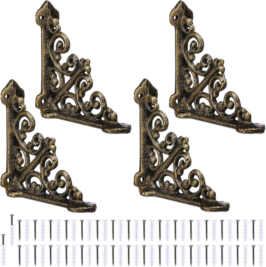 Blulu 4 Pack Decorative Shelf Brackets, Cast Iron Brackets 3 7/8" x 3 7/8" Heavy Duty Shelving Bracket for Bookshelf Wall Mount, Antique Style L Shelf Bracket for DIY Floating Shelves(Antique Brass)
