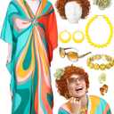 Landlady Costume Including Caftan Dress Curly Wig Necklace Earring Sunglasses Rings Hair Clip for Halloween Cosplay (Retro Swirl)