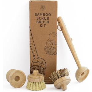 Cactus Cradle Bamboo Scrub Brush Kit 4-Piece Dish Brush Set with 2 Handles & 2 Interchangeable Heads | Plastic-Free, Non-Toxic, Non-Scratch Cleaning for Dishes, Pots, Pans & Produce