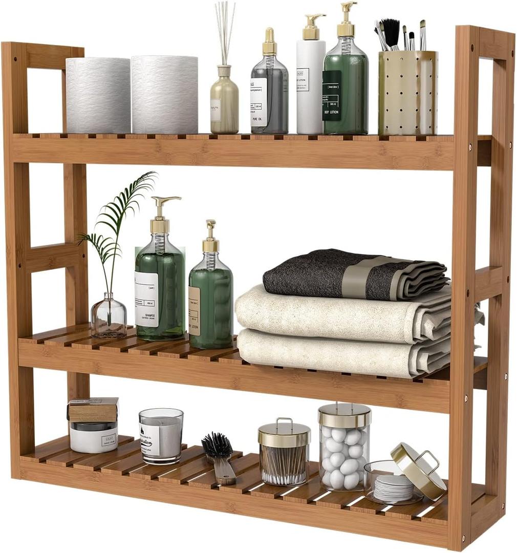 Domax Bamboo Bathroom Shelf 3-Tier Wall Mount Storage Rack Multifunctional Adjustable Layer Free Standing Over Toilet Utility Shelves Living Room Kitchen (Walnut), 23.62 inches x 5.91 inches x 21.26 inches