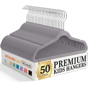 HOUSE DAY 14 Inch Kids Velvet Hangers 50 Pack, Durable Big Kid Hangers for Youth, Teen, Non Slip Kids Felt Hanger, Cute Childrens Hanger for Closet, Grey (Gray)