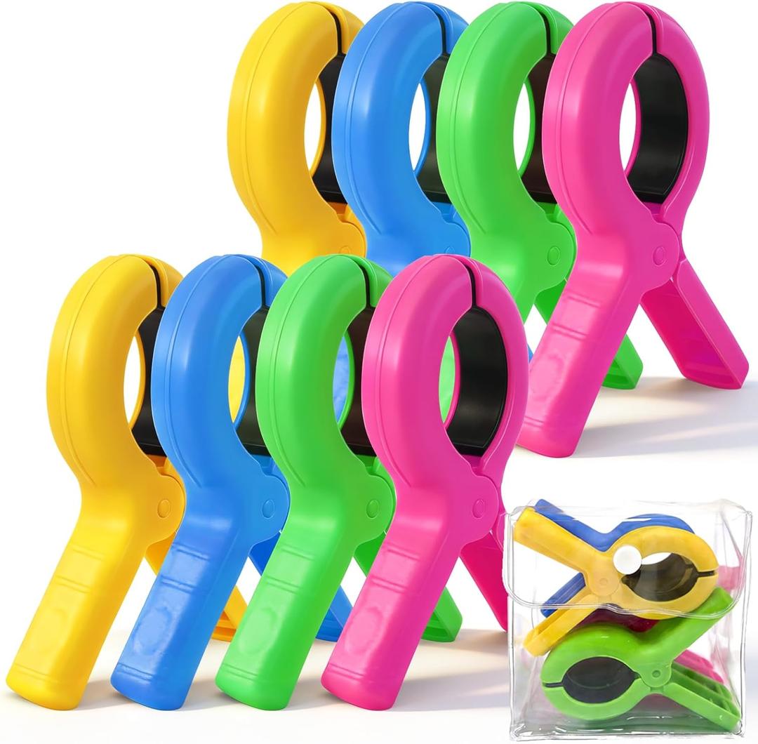 Enhanced 2026 Storage Bag Included, 8 Pcs Large Beach Towel Clips for Beach/Pool/Cruise Chairs, Heavy-Duty, Clothes pins, Windproof, 4 Bright Colors