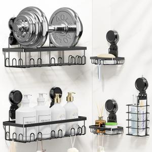 JOTPE Suction Cup Shower Shelf, 5 Pack Powerful Suction Cup Caddy with Hooks & Soap Holder, Drill-Free Wall Mounted Suction Basket, Large Capacity Removable Bathroom Storage, Hanging Up to 40lb/18KG